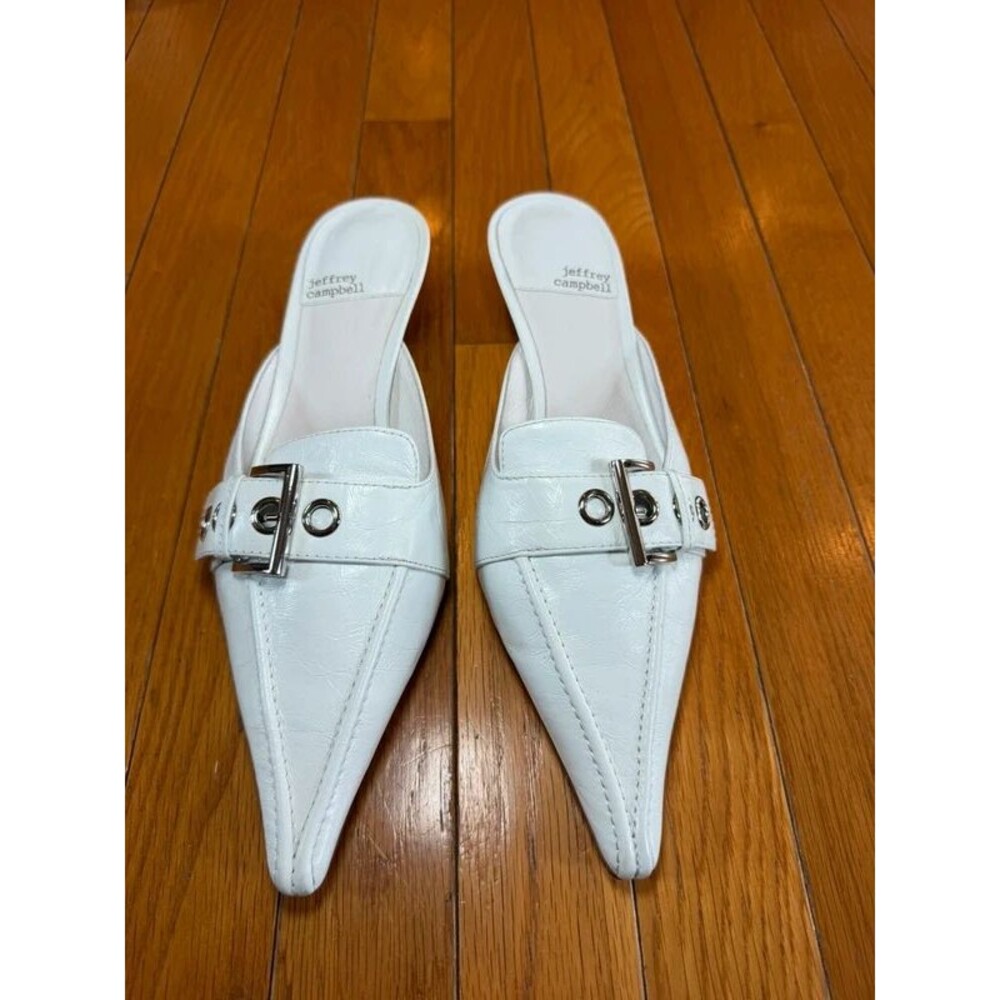 Jeffrey Campbell Prevail kitten heel mules in white leather Women’s Sz 8